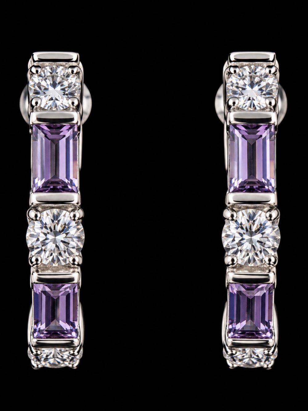 925 Sterling Silver Purple and Clear Crystal Hoop Earrings, NWOT